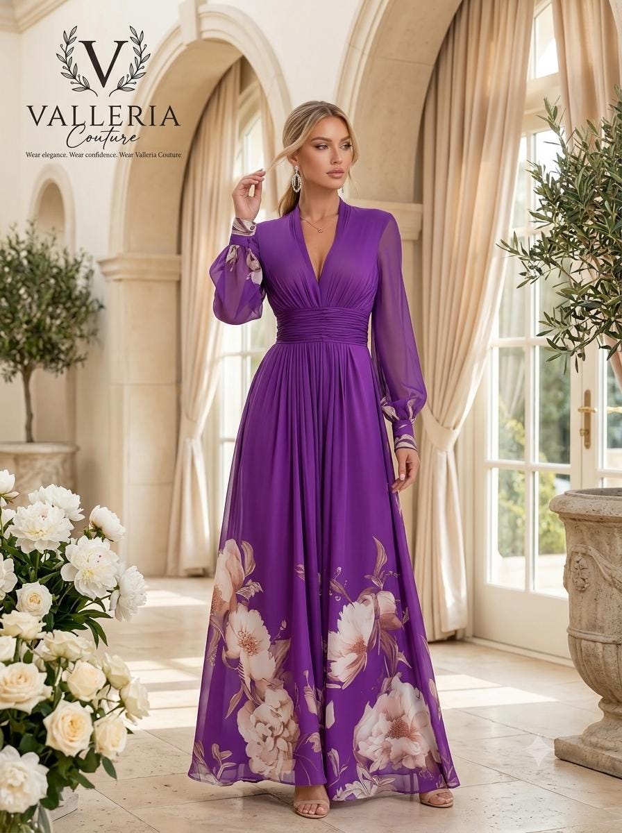 Floral Maxi Dress Women, Boho Maxi Dress, V Neck Dress, Long Sleeve Dress, Vacation Dress, A Line Summer Dress, Resort Wear