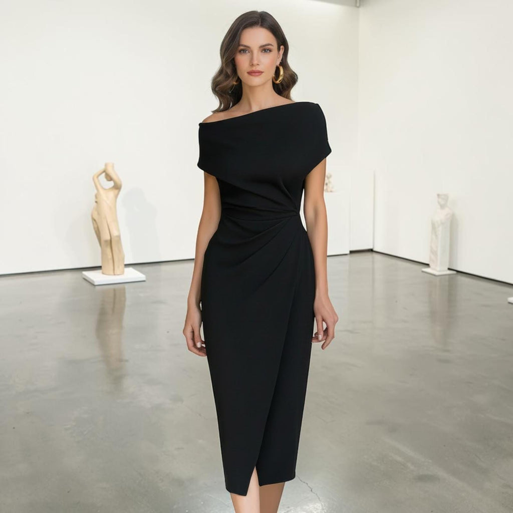 Off-the-Shoulder Midi Dress, Asymmetrical Pleated Cocktail Gown, Wedding Guest Formal Evening Wear