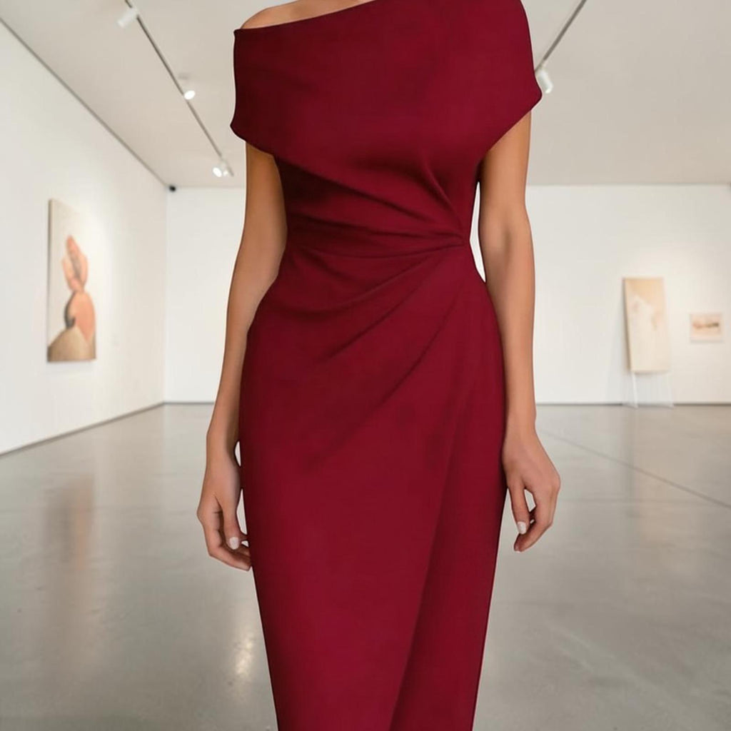 Off-the-Shoulder Midi Dress, Asymmetrical Pleated Cocktail Gown, Wedding Guest Formal Evening Wear