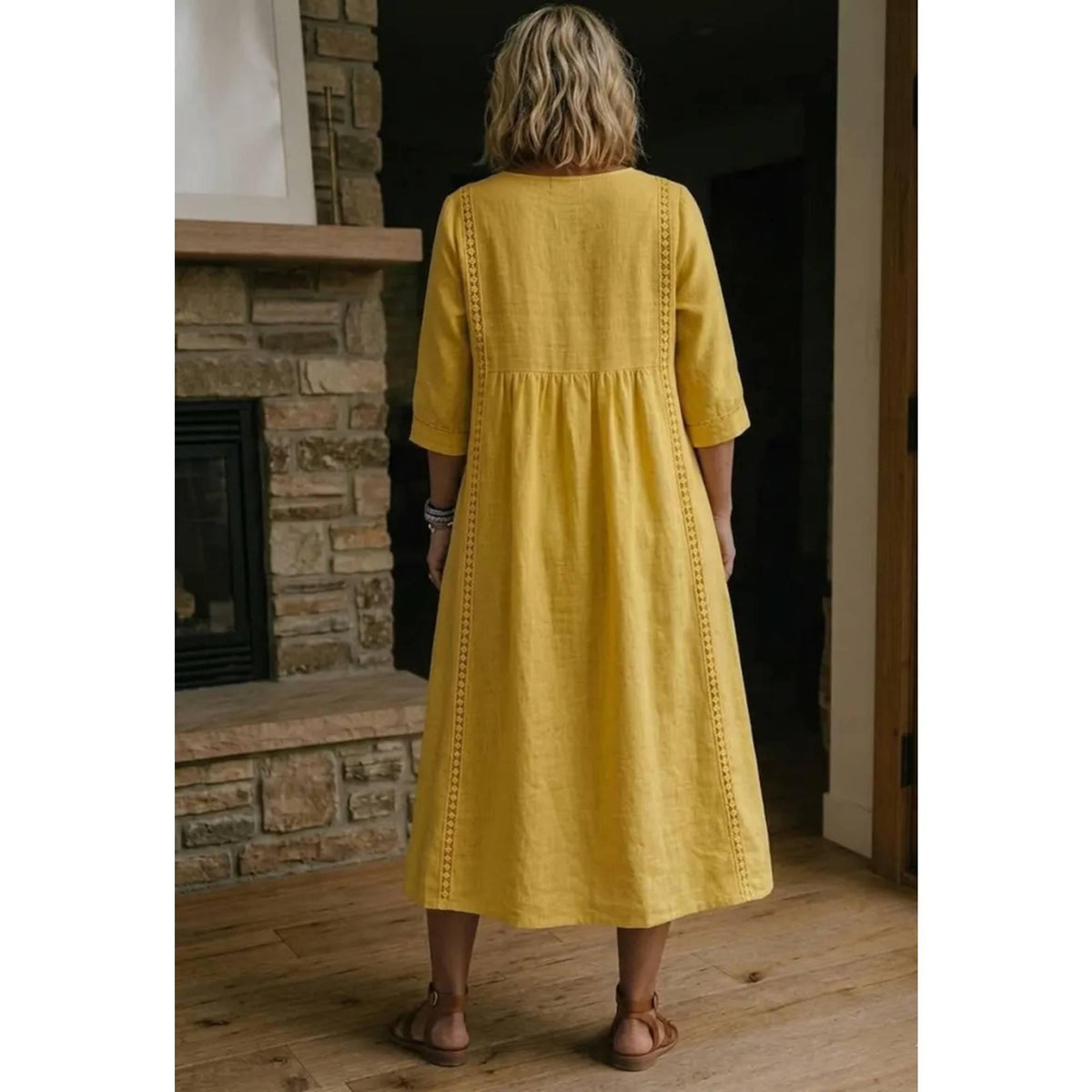Linen Cotton Midi Dress with Pockets, V-Neck Boho Summer Robe