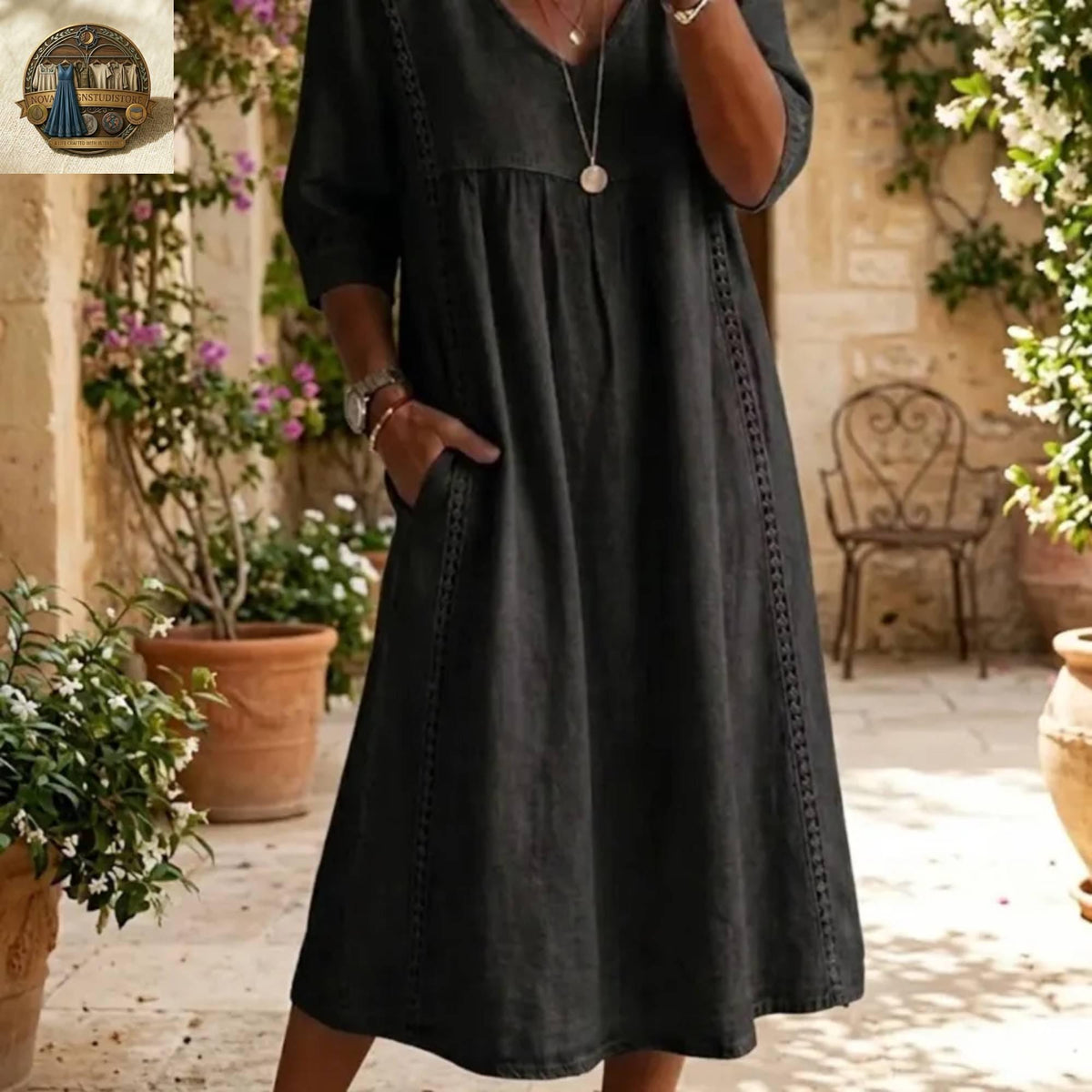 Linen Cotton Midi Dress with Pockets, V-Neck Boho Summer Robe