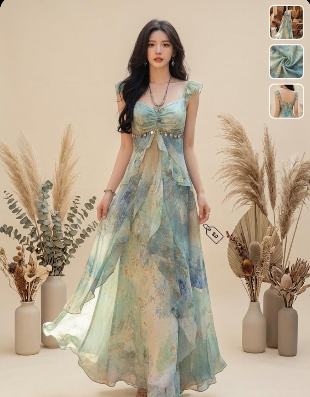 Floral Watercolor Ruffle Maxi Dress, Boho Sweetheart Chiffon Gown, Wedding Guest Summer Party Dress
