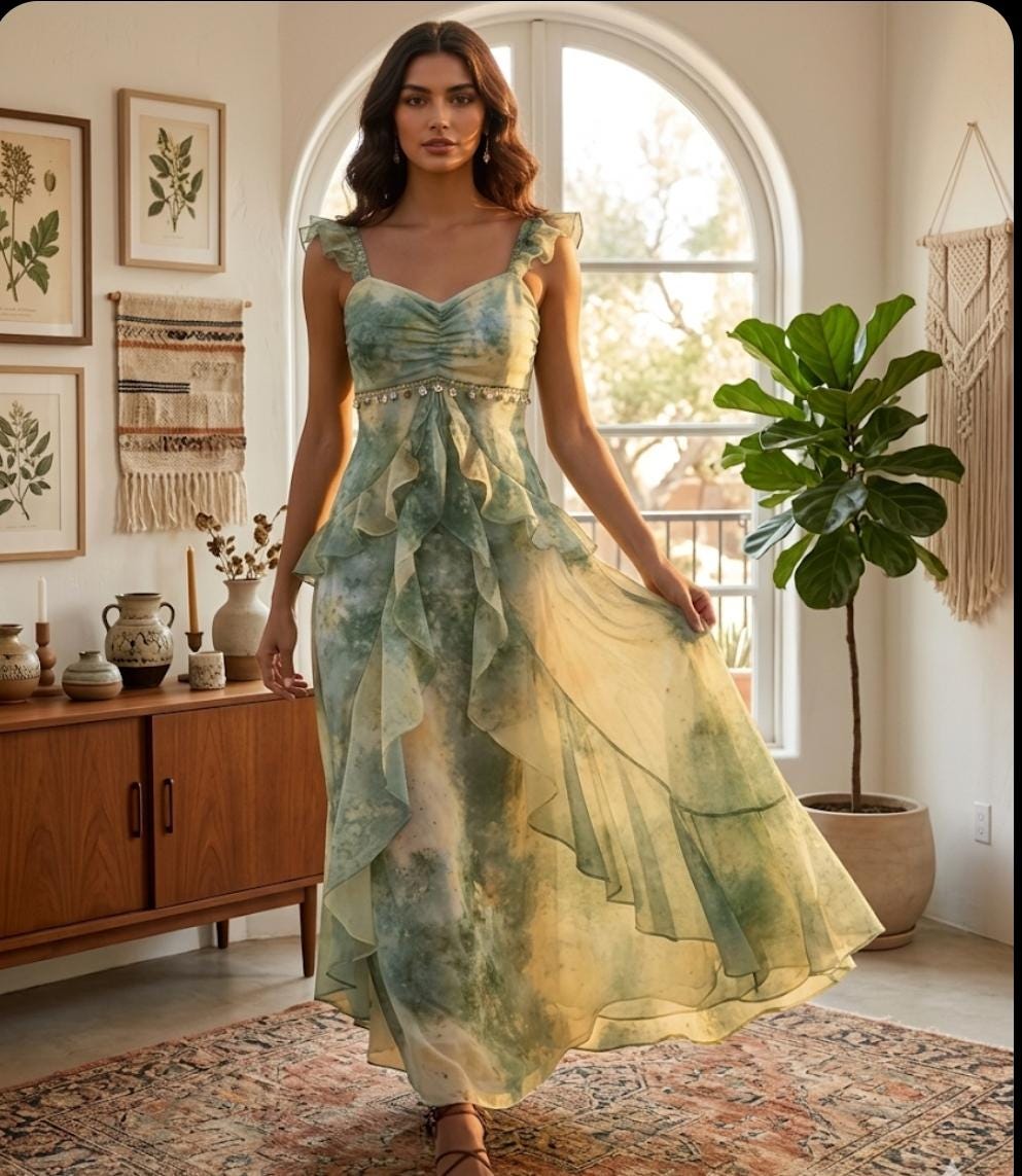 Floral Watercolor Ruffle Maxi Dress, Boho Sweetheart Chiffon Gown, Wedding Guest Summer Party Dress