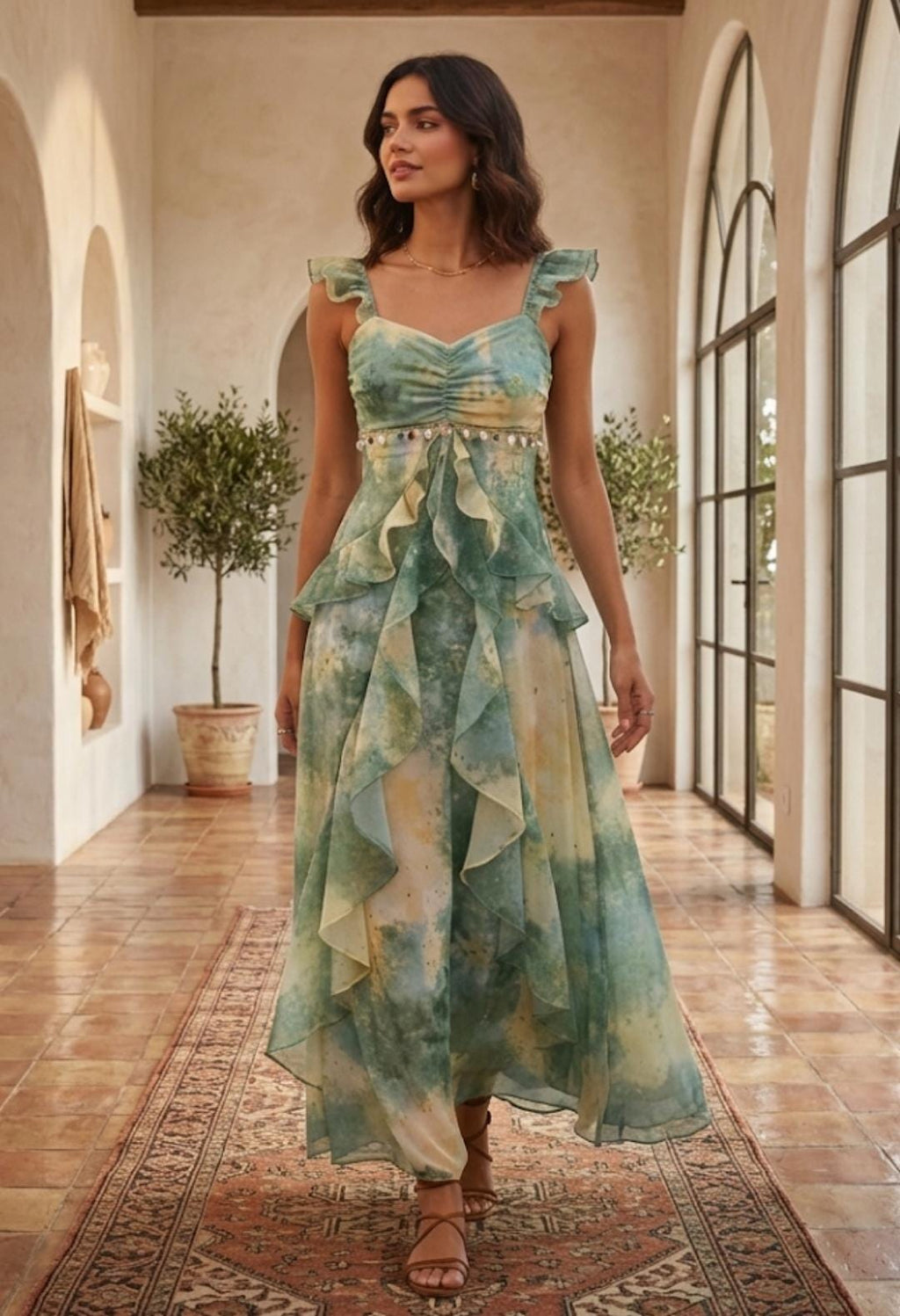 Floral Watercolor Ruffle Maxi Dress, Boho Sweetheart Chiffon Gown, Wedding Guest Summer Party Dress
