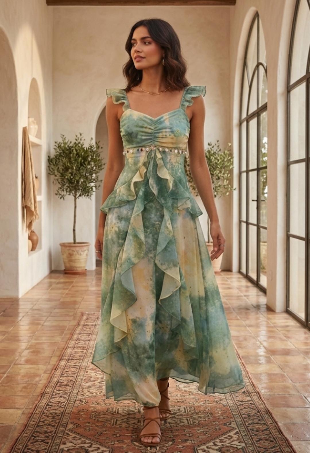 Floral Watercolor Ruffle Maxi Dress, Boho Sweetheart Chiffon Gown, Wedding Guest Summer Party Dress