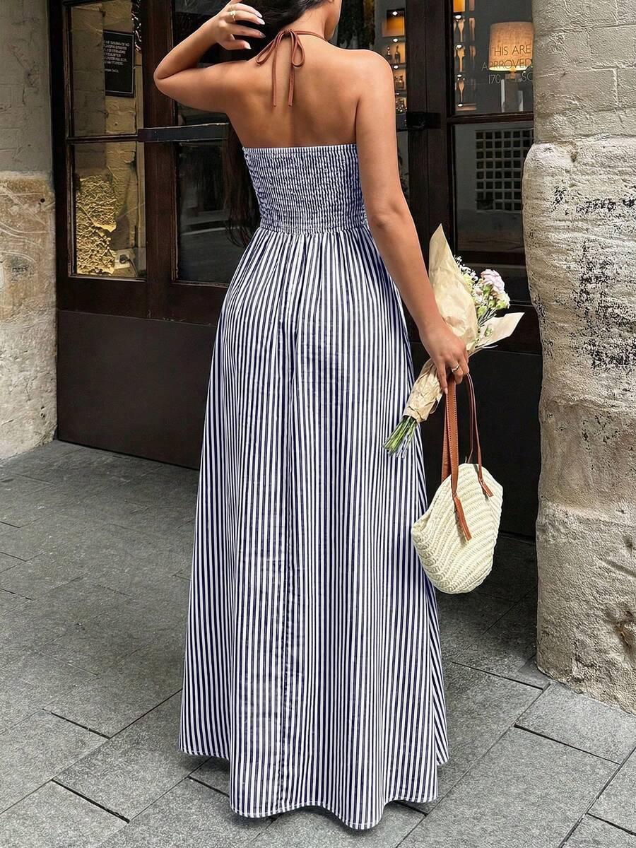 Striped Halter Maxi Dress, Deep V Beach Dress, Backless Summer Vacation Dress, Sleeveless A Line Resort Dress for Women