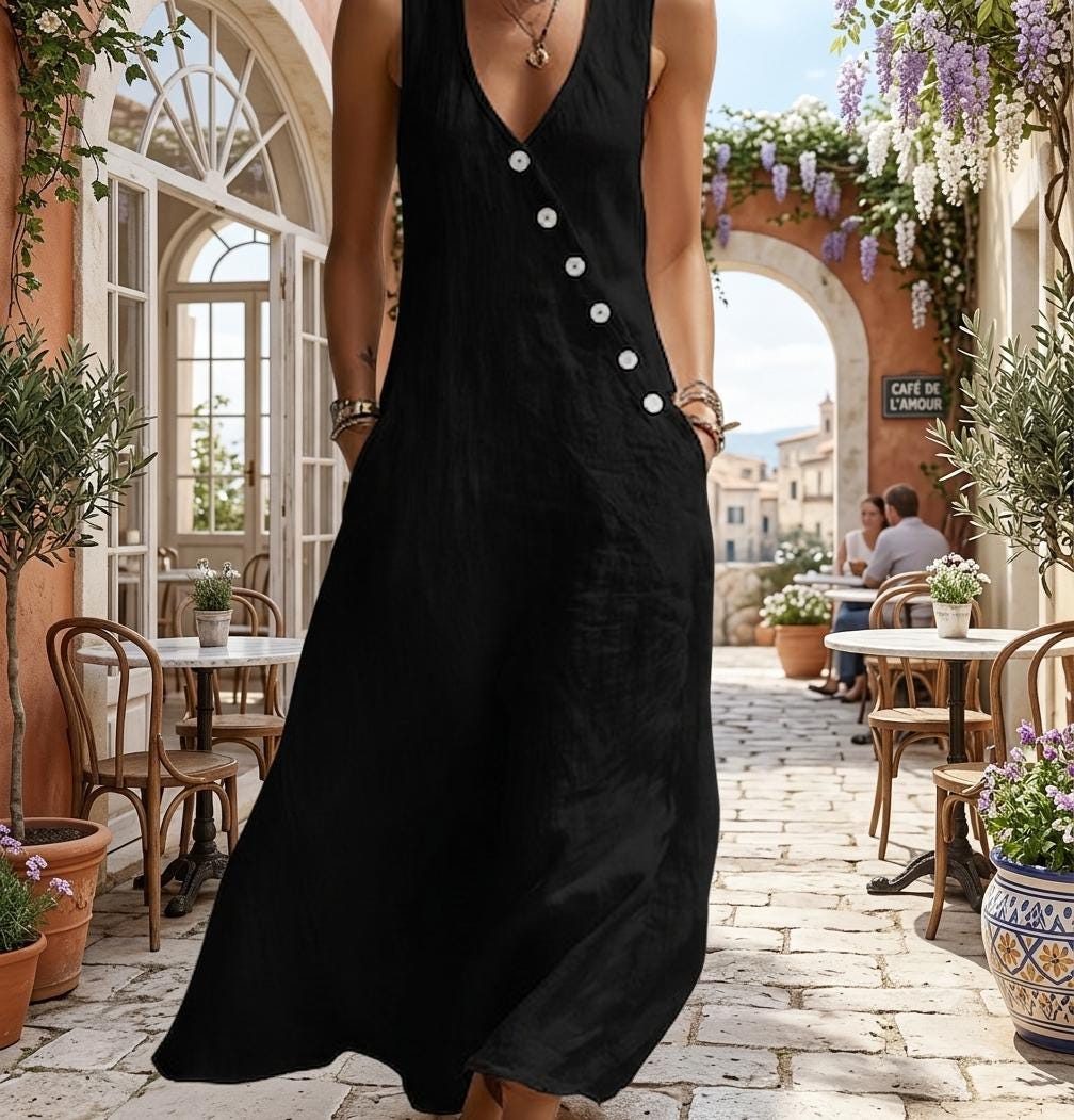 Linen Maxi Dress Women Button Detail Cotton Minimalist Flowy Casual Elegant Outfit Summer Wear