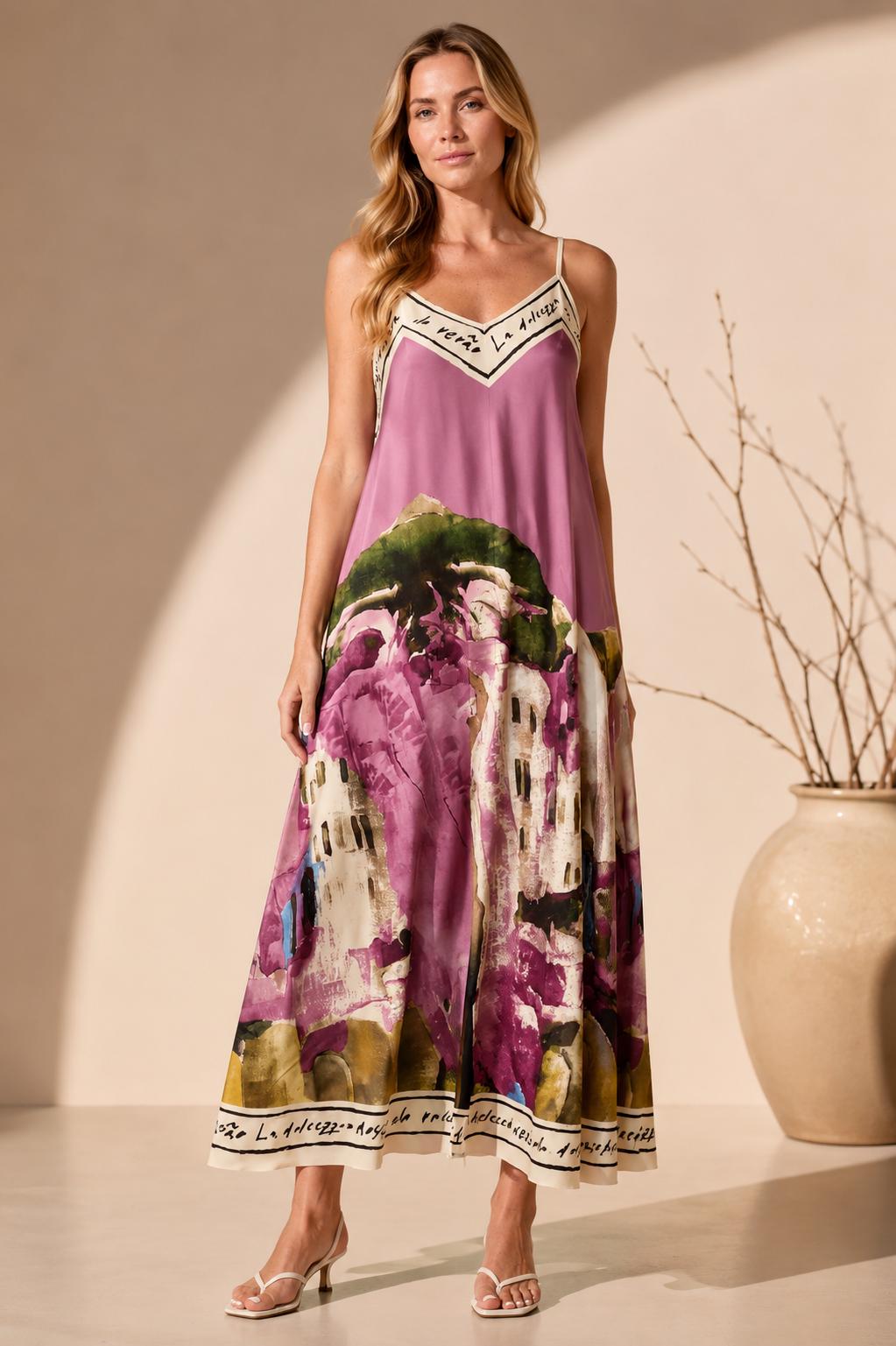 Satin Cami Border Print Swing Dress- One Size-Summer Dress-Sleeveless-Cami Dress-Holiday Outfits-Gift For Her-Casual