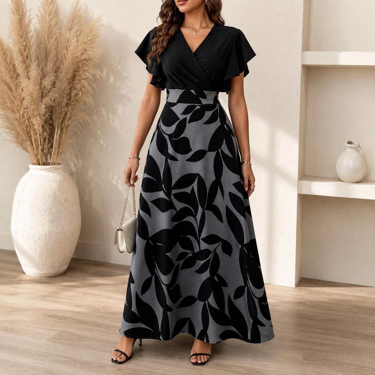 Women's Leaf Print Midi Dress | Elegant Ruched Cap Sleeve Fit & Flare Dress | Spring Summer Party Dress | Wedding Guest Dress