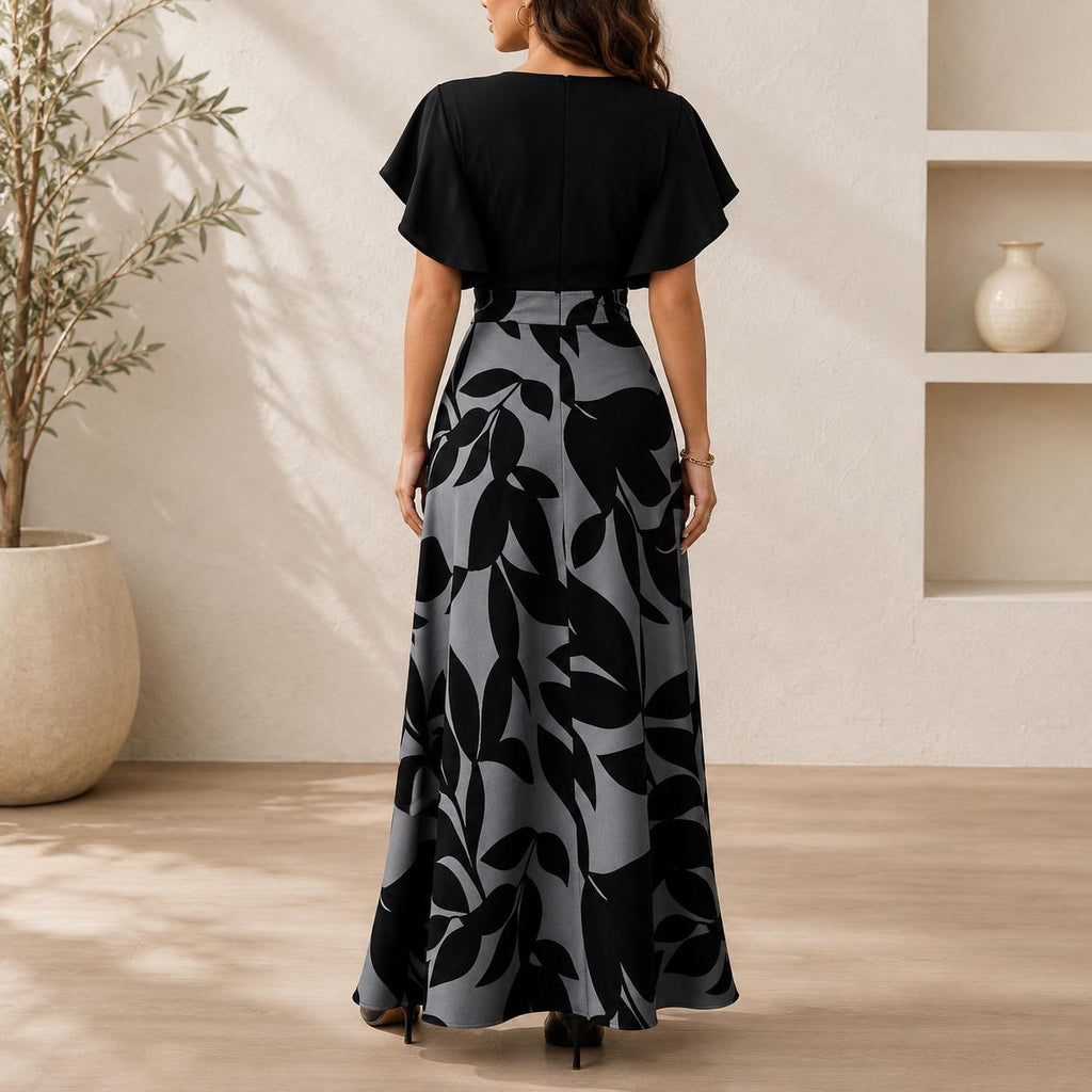 Women's Leaf Print Midi Dress | Elegant Ruched Cap Sleeve Fit & Flare Dress | Spring Summer Party Dress | Wedding Guest Dress