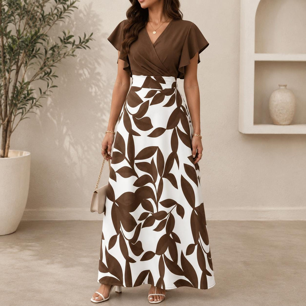 Women's Leaf Print Midi Dress | Elegant Ruched Cap Sleeve Fit & Flare Dress | Spring Summer Party Dress | Wedding Guest Dress