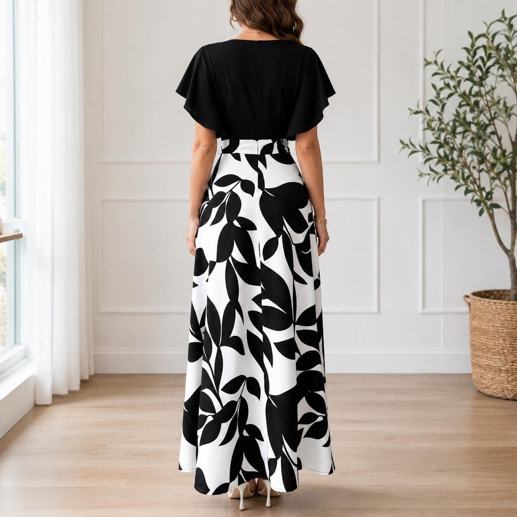 Women's Leaf Print Midi Dress | Elegant Ruched Cap Sleeve Fit & Flare Dress | Spring Summer Party Dress | Wedding Guest Dress