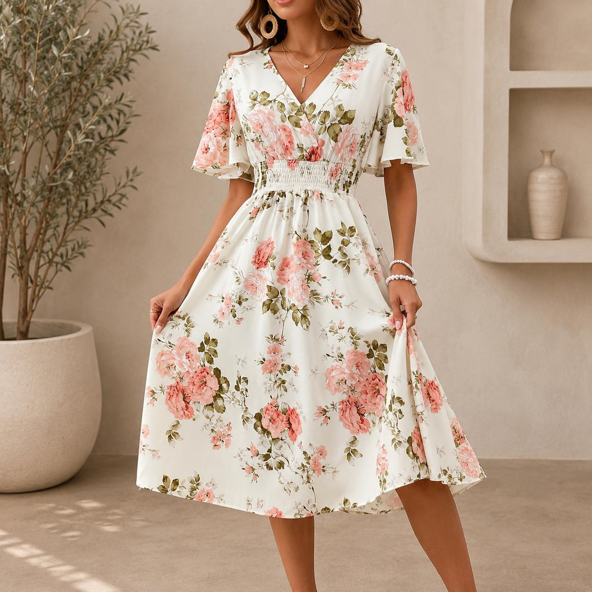 Floral Midi Dress for Women, V Neck Wrap Dress, Spring Summer Vacation Dress, Smocked Waist Boho Dress, Wedding Guest Outfit