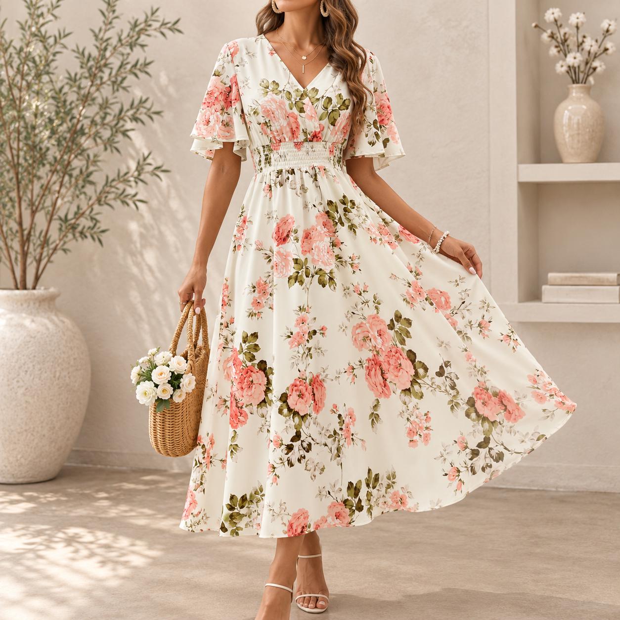Floral Midi Dress for Women, V Neck Wrap Dress, Spring Summer Vacation Dress, Smocked Waist Boho Dress, Wedding Guest Outfit