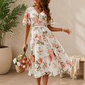 Floral Midi Dress for Women, V Neck Wrap Dress, Spring Summer Vacation Dress, Smocked Waist Boho Dress, Wedding Guest Outfit