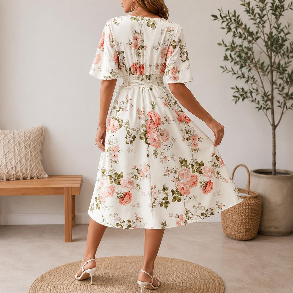 Floral Midi Dress for Women, V Neck Wrap Dress, Spring Summer Vacation Dress, Smocked Waist Boho Dress, Wedding Guest Outfit
