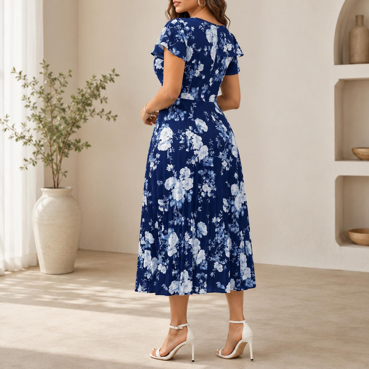 Floral Print Ruched Waist Midi Dress for Women, Elegant Spring Summer Dress, Casual Party Dress, Wedding Guest Dress