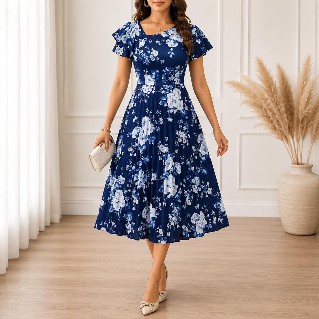 Floral Print Ruched Waist Midi Dress for Women, Elegant Spring Summer Dress, Casual Party Dress, Wedding Guest Dress