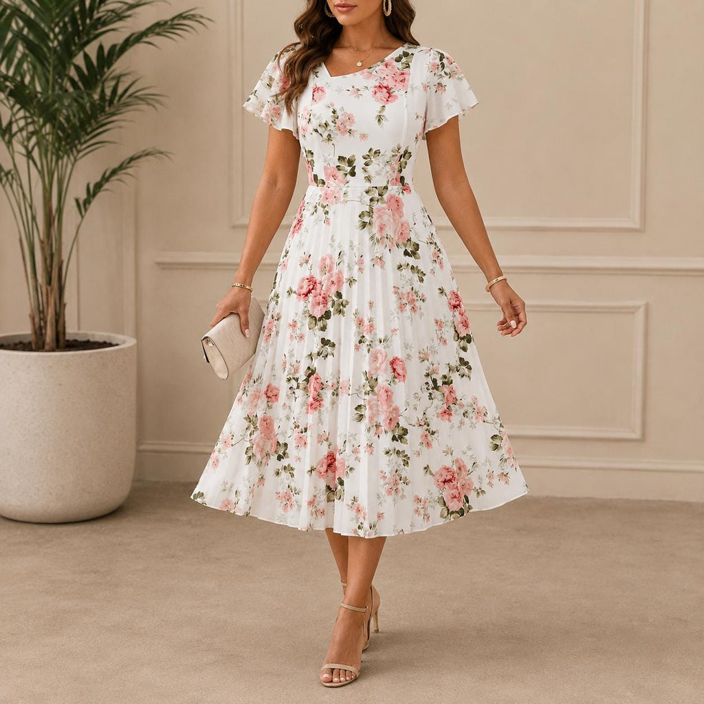Floral Print Ruched Waist Midi Dress for Women, Elegant Spring Summer Dress, Casual Party Dress, Wedding Guest Dress