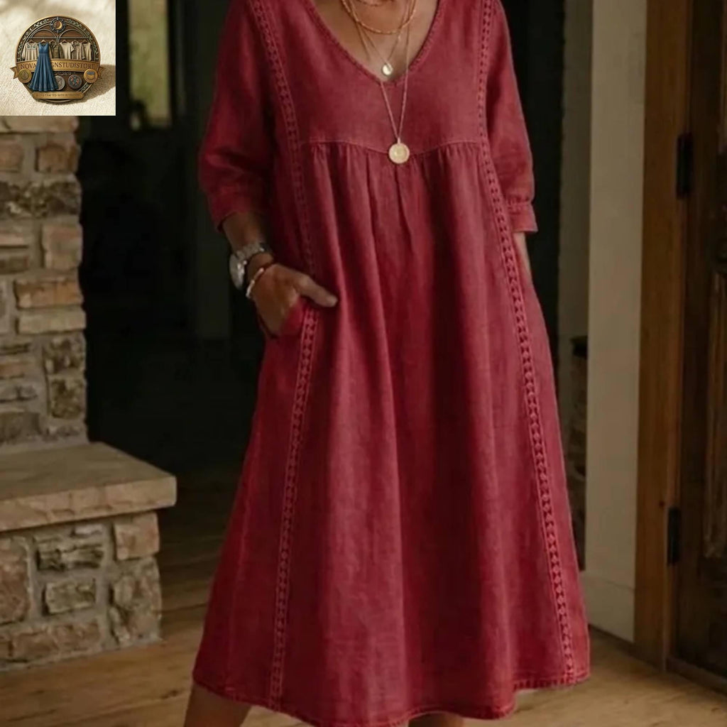 Linen Cotton Midi Dress with Pockets, V-Neck Boho Summer Robe