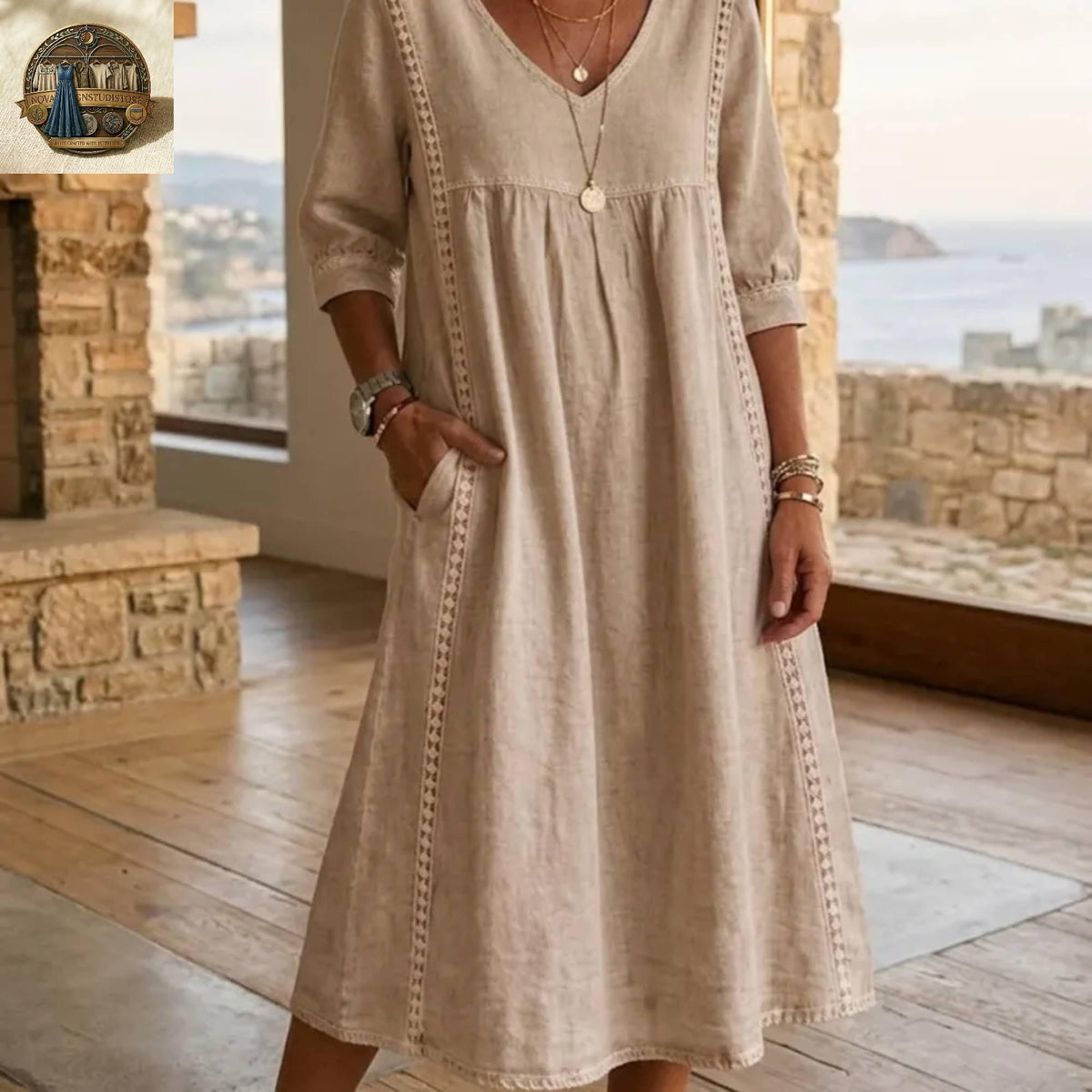 Linen Cotton Midi Dress with Pockets, V-Neck Boho Summer Robe