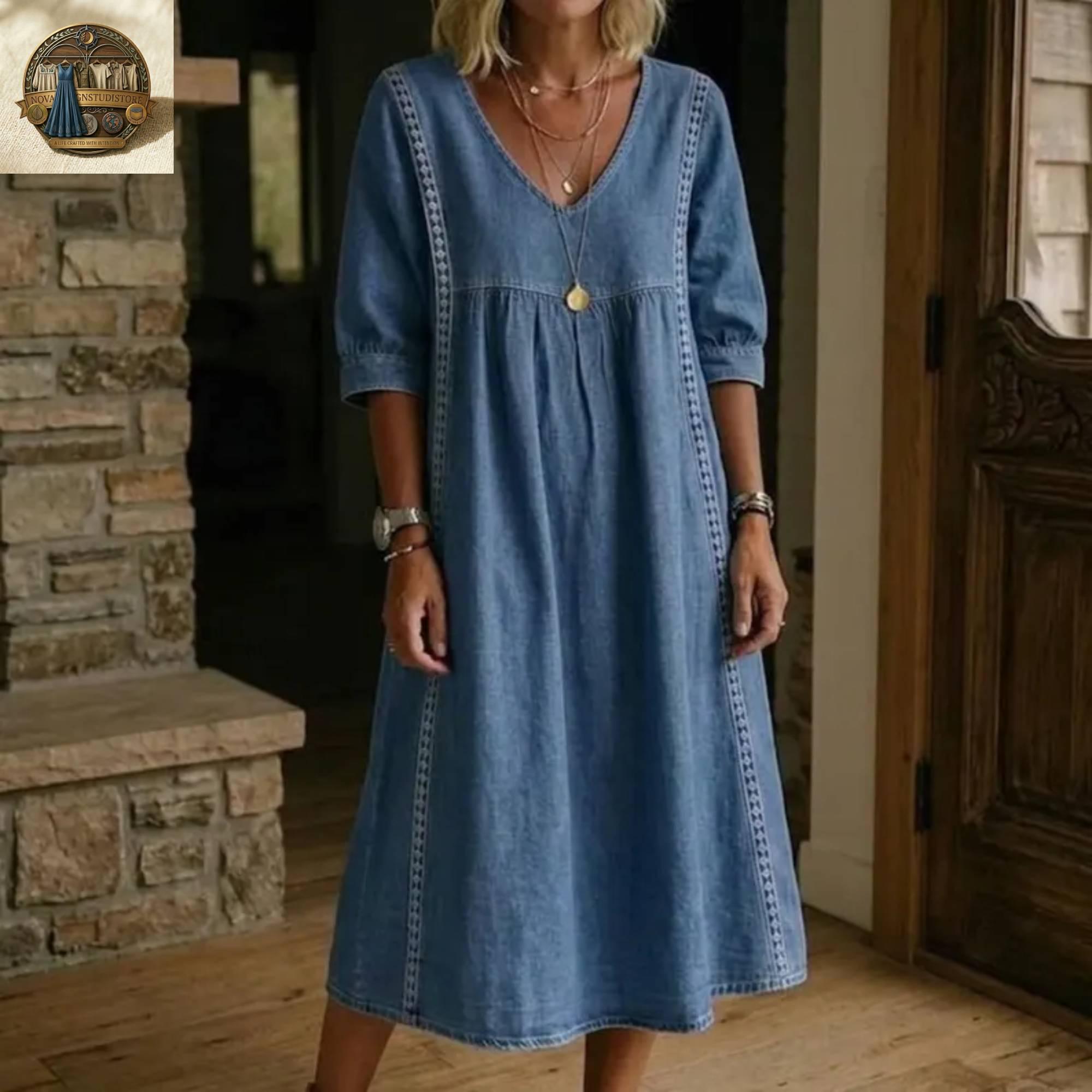 Linen Cotton Midi Dress with Pockets, V-Neck Boho Summer Robe