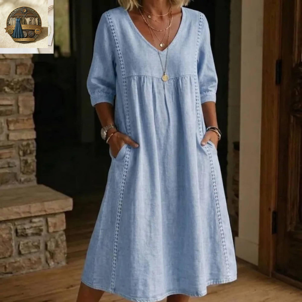Linen Cotton Midi Dress with Pockets, V-Neck Boho Summer Robe