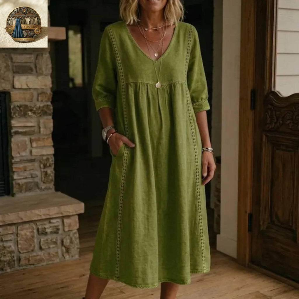 Linen Cotton Midi Dress with Pockets, V-Neck Boho Summer Robe