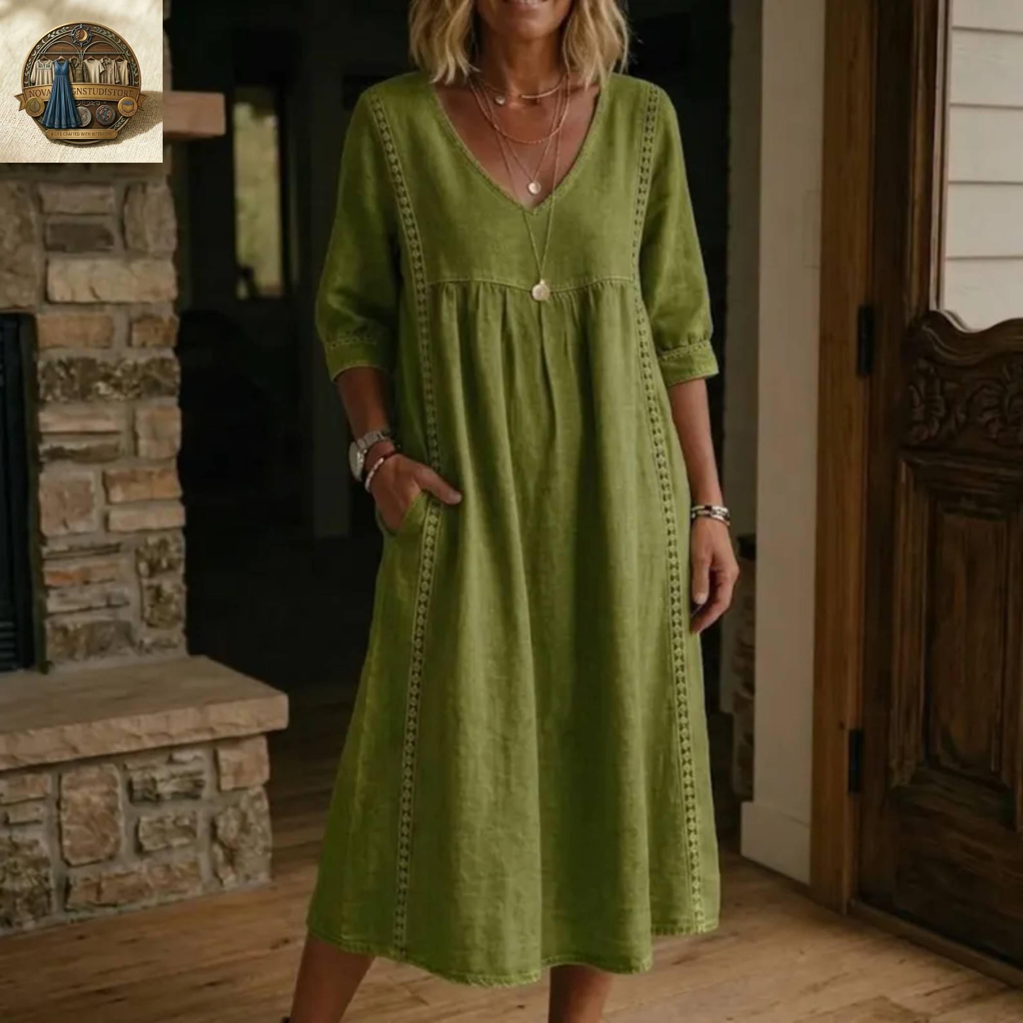 Linen Cotton Midi Dress with Pockets, V-Neck Boho Summer Robe