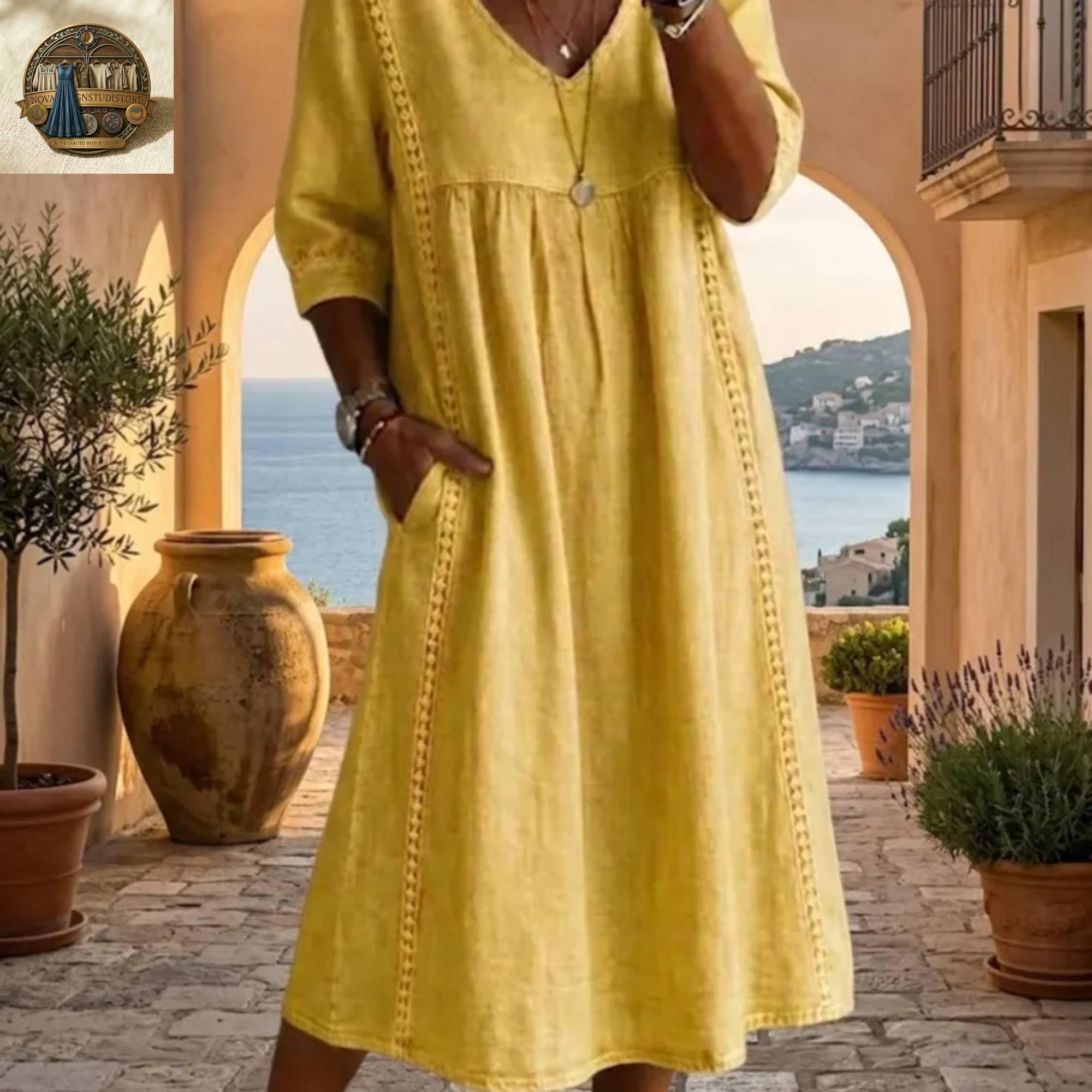 Linen Cotton Midi Dress with Pockets, V-Neck Boho Summer Robe