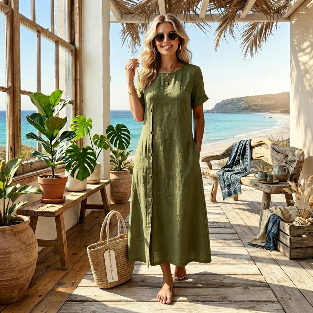 Cotton Linen Crew Neck Maxi Dress – Breathable And Flowy Summer Dress - With Pocket