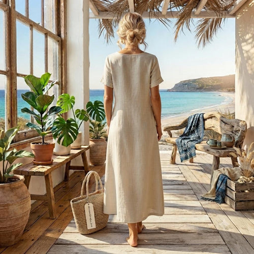 Cotton Linen Crew Neck Maxi Dress – Breathable And Flowy Summer Dress - With Pocket