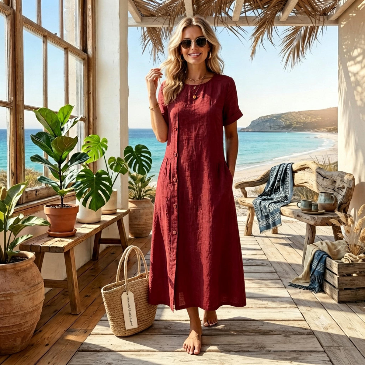 Cotton Linen Crew Neck Maxi Dress – Breathable And Flowy Summer Dress - With Pocket