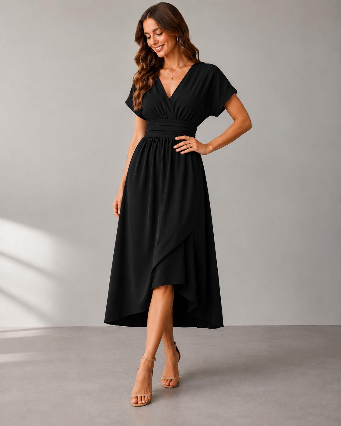 Women Summer Elegant Dress, Wrap Waist Flowy Casual Dress, Solid V-Neck Midi Dress, Bat Sleeve Evening Dress, Summer Fashion