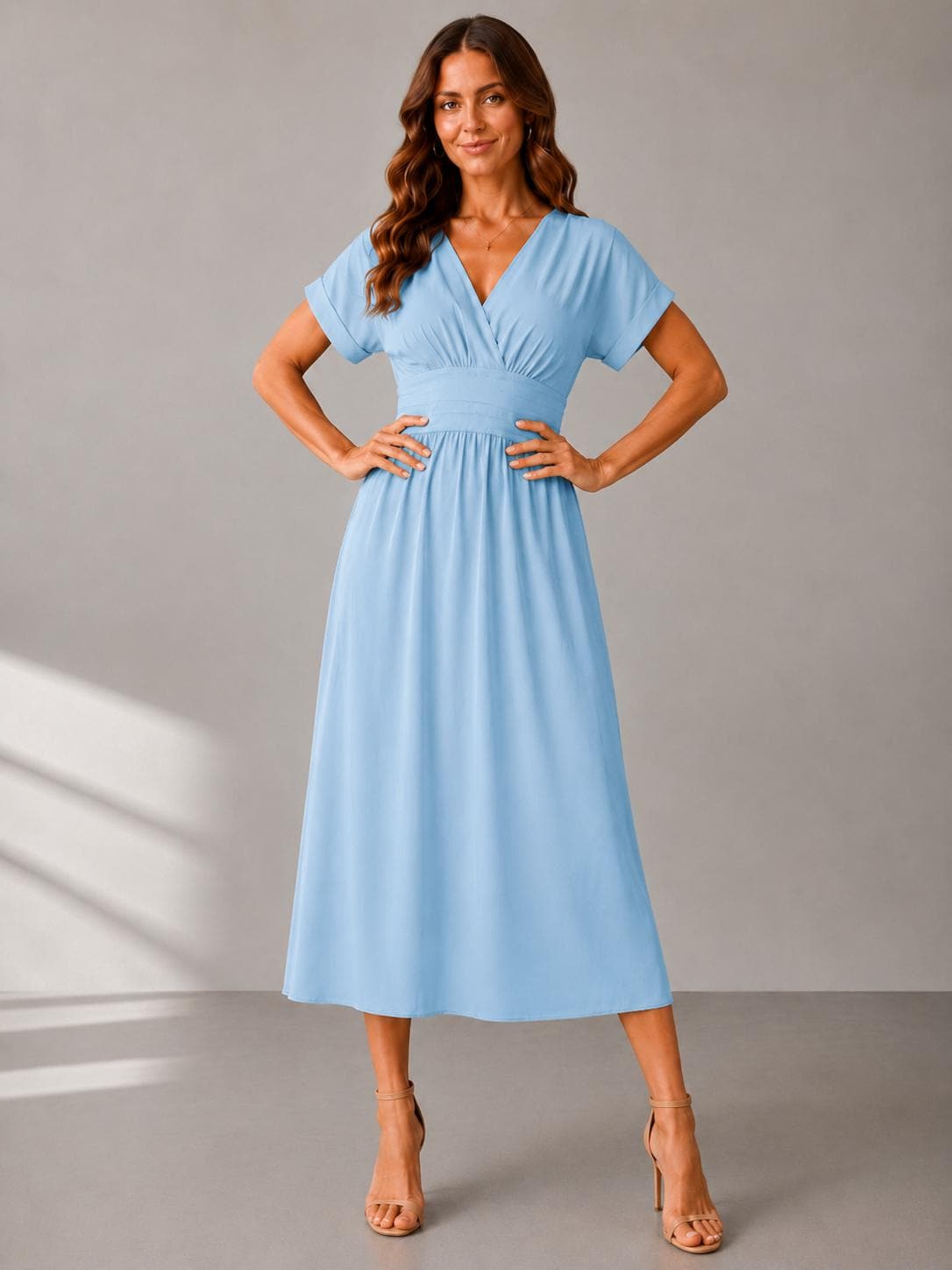 Women Summer Elegant Dress, Wrap Waist Flowy Casual Dress, Solid V-Neck Midi Dress, Bat Sleeve Evening Dress, Summer Fashion