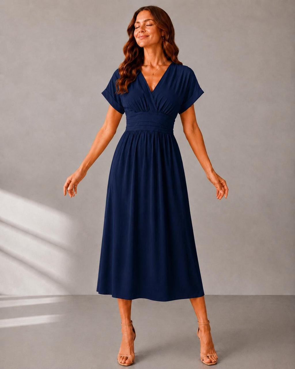 Women Summer Elegant Dress, Wrap Waist Flowy Casual Dress, Solid V-Neck Midi Dress, Bat Sleeve Evening Dress, Summer Fashion