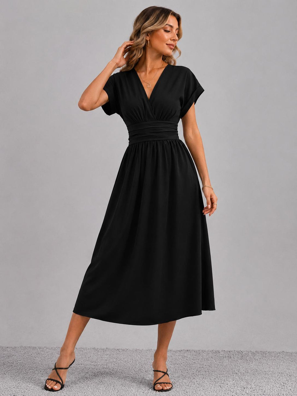 Women Summer Elegant Dress, Wrap Waist Flowy Casual Dress, Solid V-Neck Midi Dress, Bat Sleeve Evening Dress, Summer Fashion
