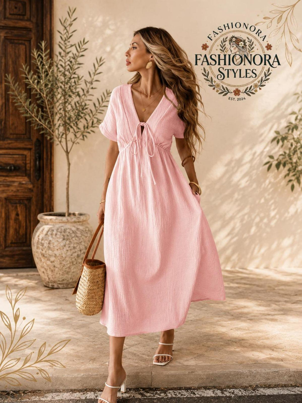 Flowy Midi Dress Women Tie Front Dress Casual Summer Dress Short Sleeve A Line Dress