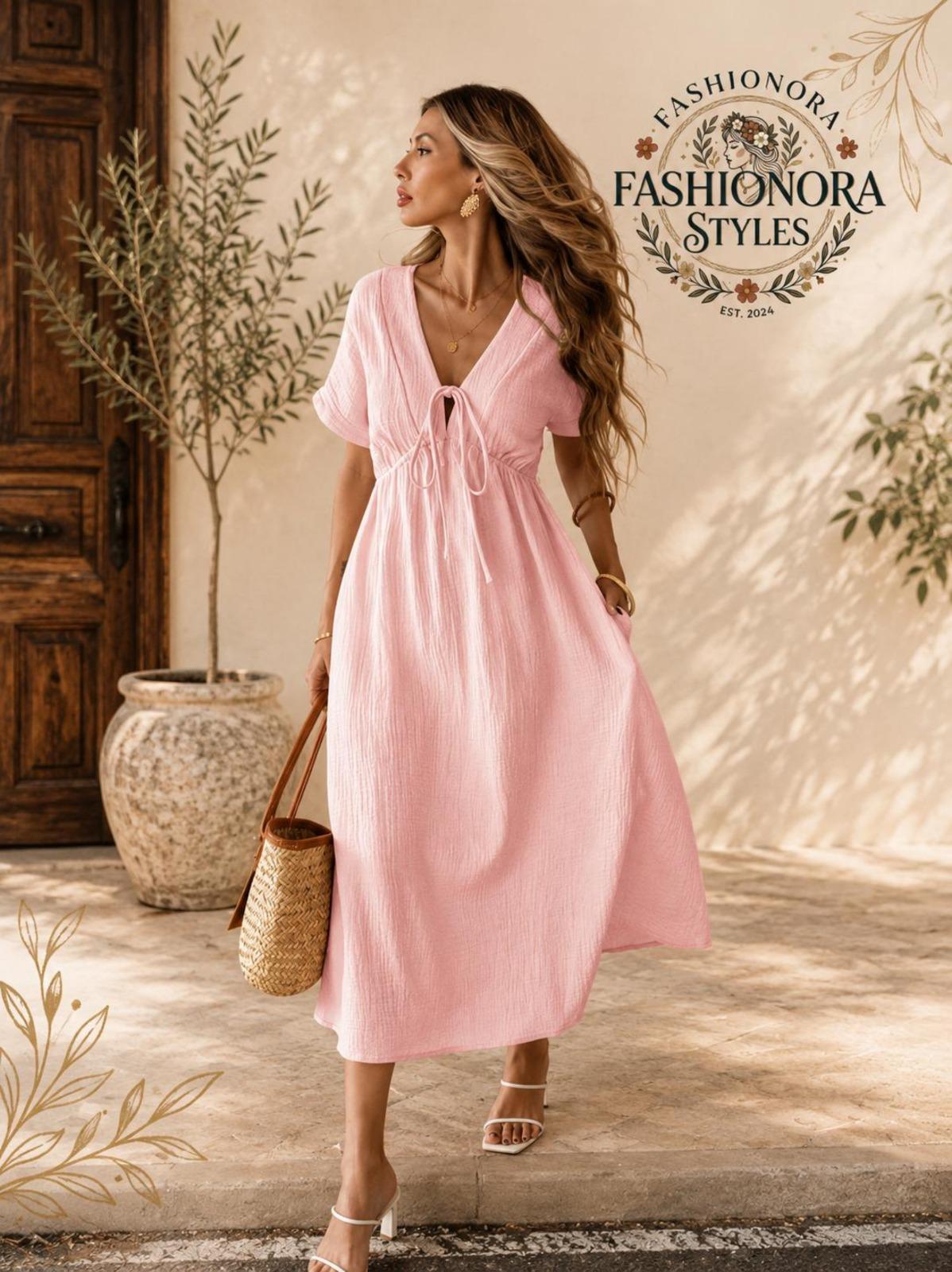 Flowy Midi Dress Women Tie Front Dress Casual Summer Dress Short Sleeve A Line Dress