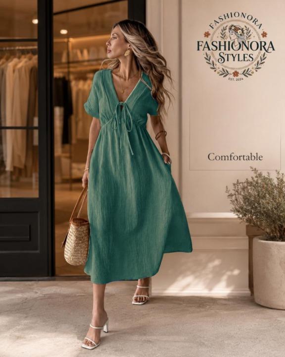Flowy Midi Dress Women Tie Front Dress Casual Summer Dress Short Sleeve A Line Dress
