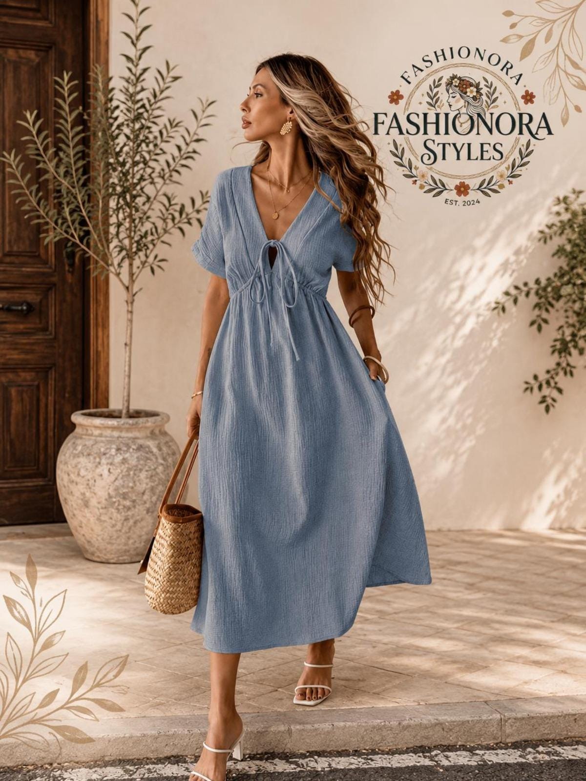 Flowy Midi Dress Women Tie Front Dress Casual Summer Dress Short Sleeve A Line Dress