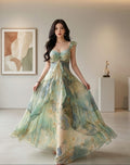 Floral Watercolor Ruffle Maxi Dress, Boho Sweetheart Chiffon Gown, Wedding Guest Summer Party Dress