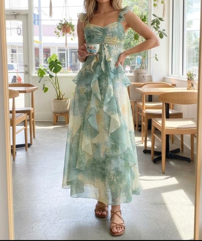 Floral Watercolor Ruffle Maxi Dress, Boho Sweetheart Chiffon Gown, Wedding Guest Summer Party Dress