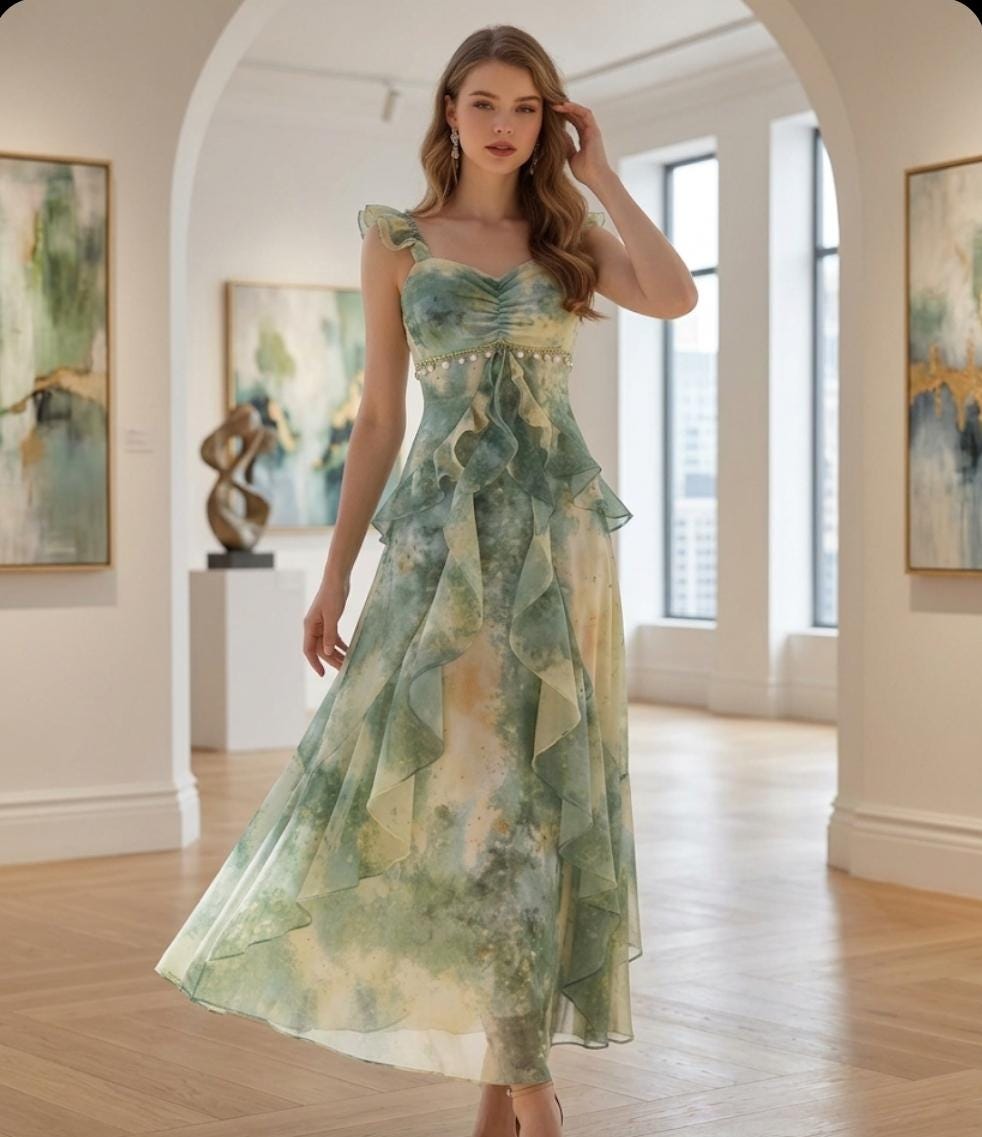 Floral Watercolor Ruffle Maxi Dress, Boho Sweetheart Chiffon Gown, Wedding Guest Summer Party Dress