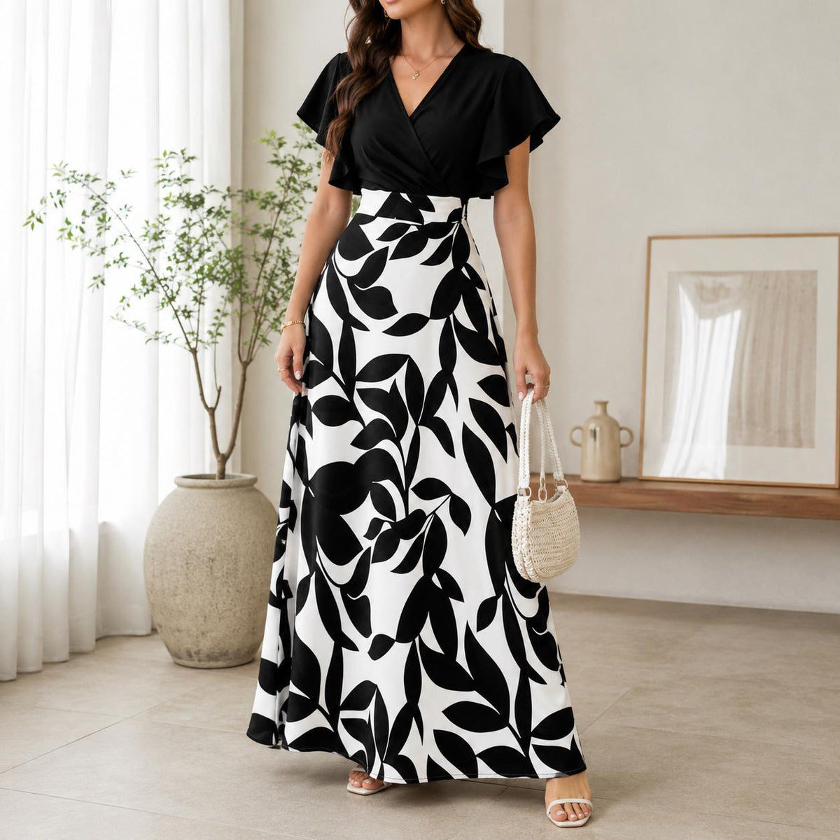 Women's Leaf Print Midi Dress | Elegant Ruched Cap Sleeve Fit & Flare Dress | Spring Summer Party Dress | Wedding Guest Dress