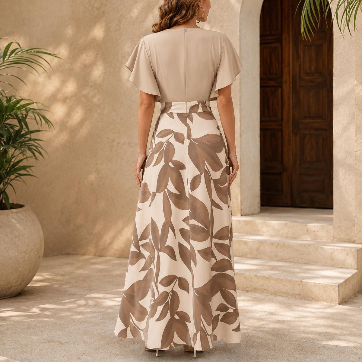 Women's Leaf Print Midi Dress | Elegant Ruched Cap Sleeve Fit & Flare Dress | Spring Summer Party Dress | Wedding Guest Dress