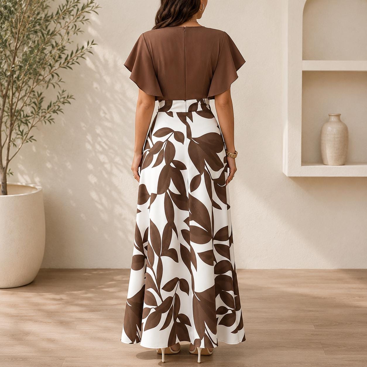 Women's Leaf Print Midi Dress | Elegant Ruched Cap Sleeve Fit & Flare Dress | Spring Summer Party Dress | Wedding Guest Dress