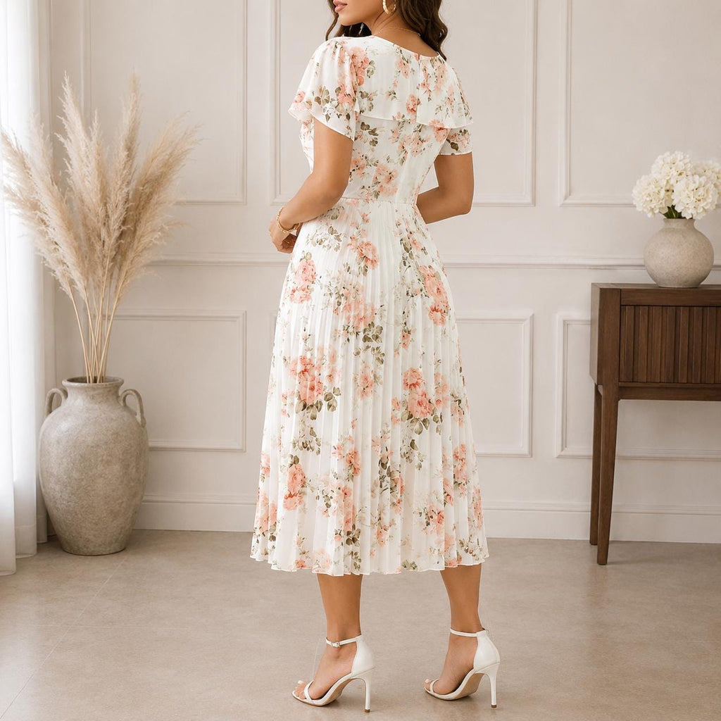 Floral Print Ruched Waist Midi Dress for Women, Elegant Spring Summer Dress, Casual Party Dress, Wedding Guest Dress