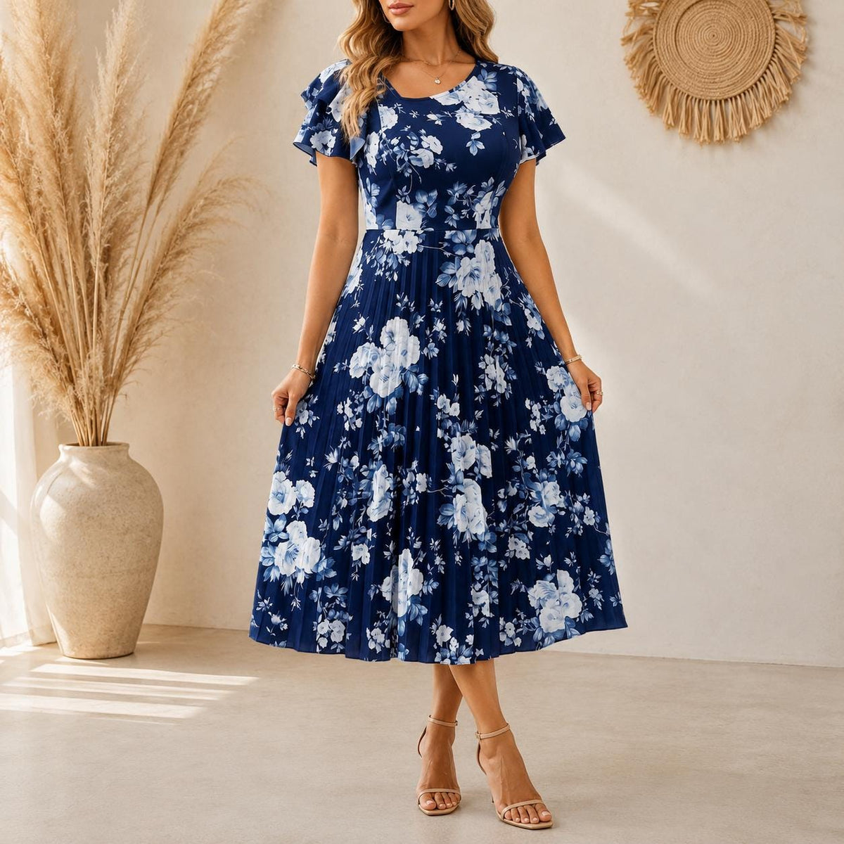 Floral Print Ruched Waist Midi Dress for Women, Elegant Spring Summer Dress, Casual Party Dress, Wedding Guest Dress