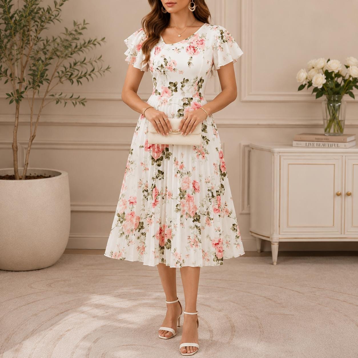 Floral Print Ruched Waist Midi Dress for Women, Elegant Spring Summer Dress, Casual Party Dress, Wedding Guest Dress